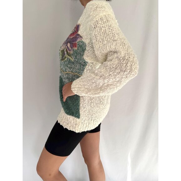 80s vintage floral embroidered applique fairy grandma long sleeved knit sweater - Picture 4 of 9
